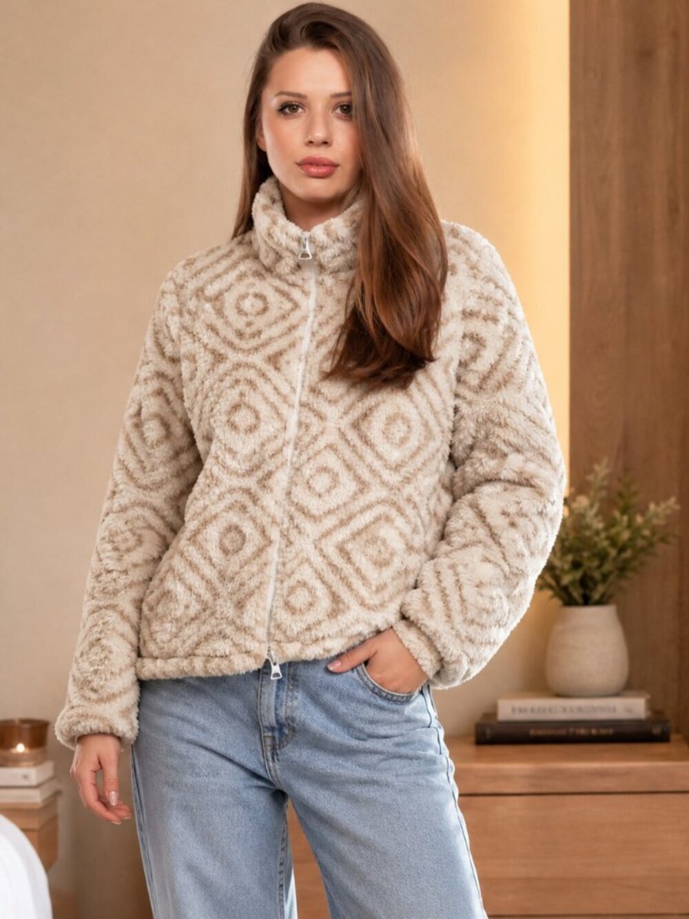 NWT Lucky Brand Sherpa Fleece Jacket Aztec Diamond Print Cream Tan Size XS $169
